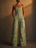 Women Green Denim Tube Top Wide Leg Cargo Jumpsuit