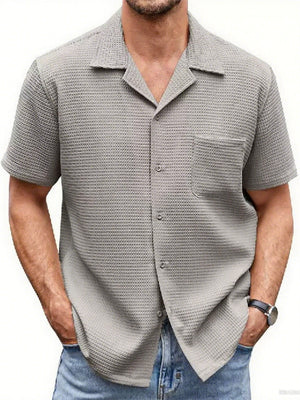 Men's Solid Color Waffle Button Up Suit Collar Short Sleeve Shirts