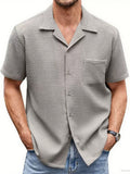 Men's Solid Color Waffle Button Up Suit Collar Short Sleeve Shirts