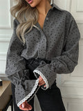 Women's Gray Polka Dot Ruffled Sleeve Blouses with Lace Cuffs