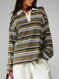 Women's Striped Rugby Shirt Long Sleeve Oversized Polo Top