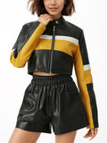 Women's Faux Leather Contrast Color Crop Motorcycle Coat