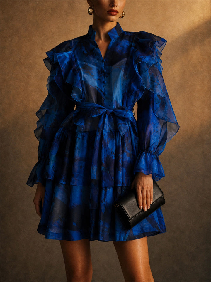 Womens Elegant Watercolor Organza Ruffled Tiered Mini Dress