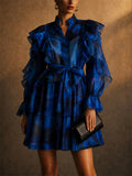 Womens Elegant Watercolor Organza Ruffled Tiered Mini Dress