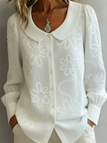 Women‘s Casual Floral Embroidered Peter Pan Collar Long Sleeve Blouse