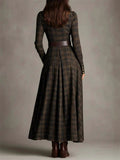 ‌Women's Autumn Plaid Vintage V Neck Buttons Belted Long Dress‌