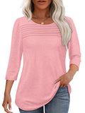 Women's Solid Color Pleated Chest Round Neck 3/4 Sleeve Shirts