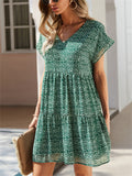 Women's Summer Printed Chiffon V Neck Ruffled Sleeve Dress