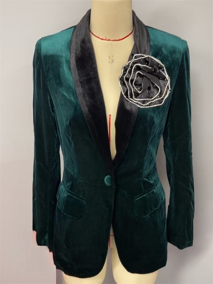 Women's Green Contrast Color Single Breasted Velvet Blazer with 3D Rose Decor