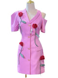 Women's 3D Flowers Short Sleeve Asymmetric Shoulder Suit Dress