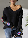 Ladies' Autumn Trendy V Neck Crochet Long Sleeve Sweaters