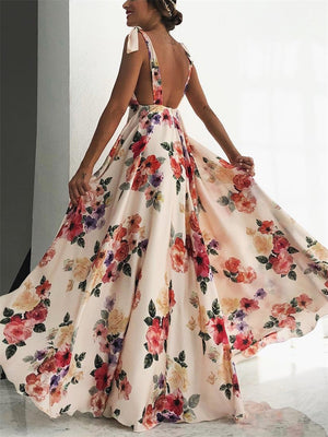 Ladies Summer V Neck Backless Floral Print Swing Dress