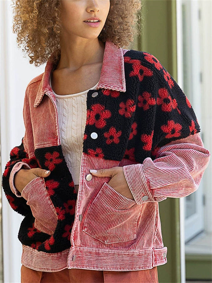 Women's Distressed Chrysanthemum Pattern Patchwork Corduroy Jackets