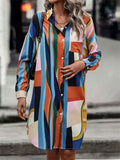 Women's Trendy Contrast Color Lapel Knee Length Shirt Dress