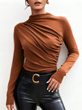 ‌Women's Elegant Pleated Slim Fit High-Neck Ruched Long Sleeve Shirts