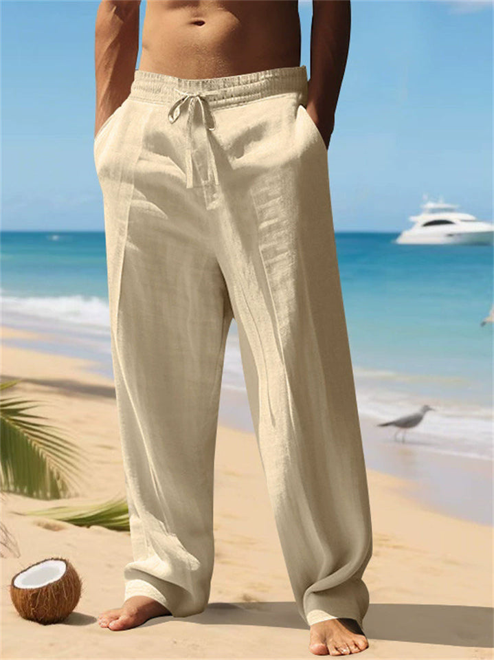 Men's Summer Linen Blend Drawstring Loose Fit Casual Beach Pants