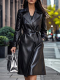 Women's Trendy Autumn Faux Leather All Black Double Breasted Lapel Coat