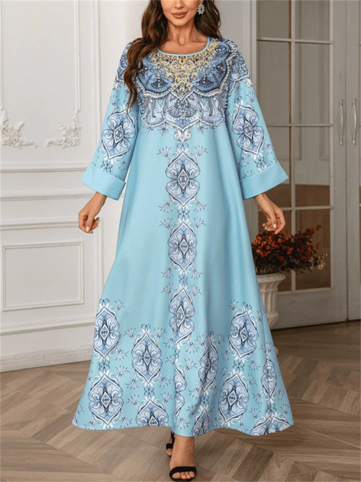 Women's Blue Elegant Printed Beads Round Neck Muslim Robe Dress