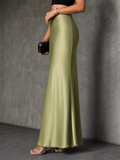 Womens Summer Elegant High Waisted Satin Maxi Skirt