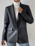‌Simple Black Faux Leather Single Breasted Blazer for Women