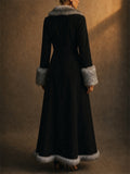 Women Elegant Gray Faux Fur Trimmed Black Suede Floor Length Coats