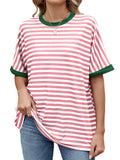 Women's Casual Contrast Color Striped Round Neck Short Sleeve T-Shirts