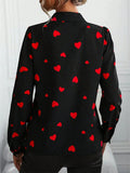 Women's Elegant Black Heart Print Lapel Long Sleeve Blouses