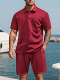 Men's Summer Beach Casual Diamond Pattern Jacquard Short Sleeve Shorts Set