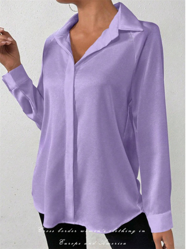 Ladies' Elegant Solid Color Button Up Satin Blouses