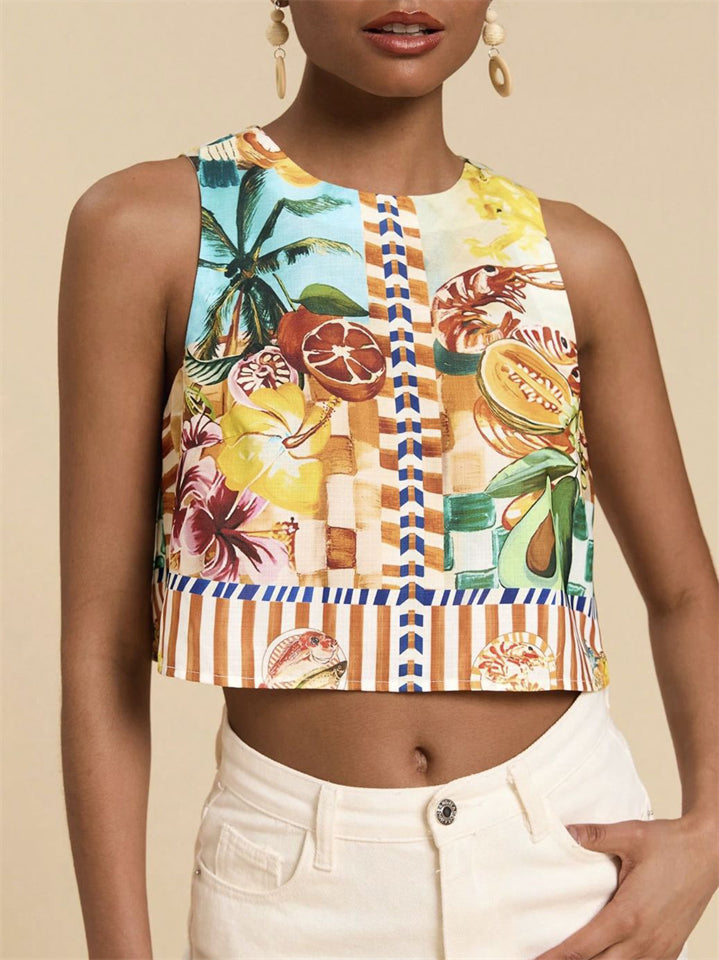 Women's Holiday Style Print Sleeveless Crop Top Shirts