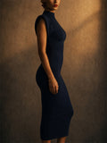Women Trendy Shoulder Pad Mock Neck Bodycon Midi Dress