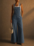 Women Denim Overalls Wide Leg Backless Bib Jumpsuit with Pocket