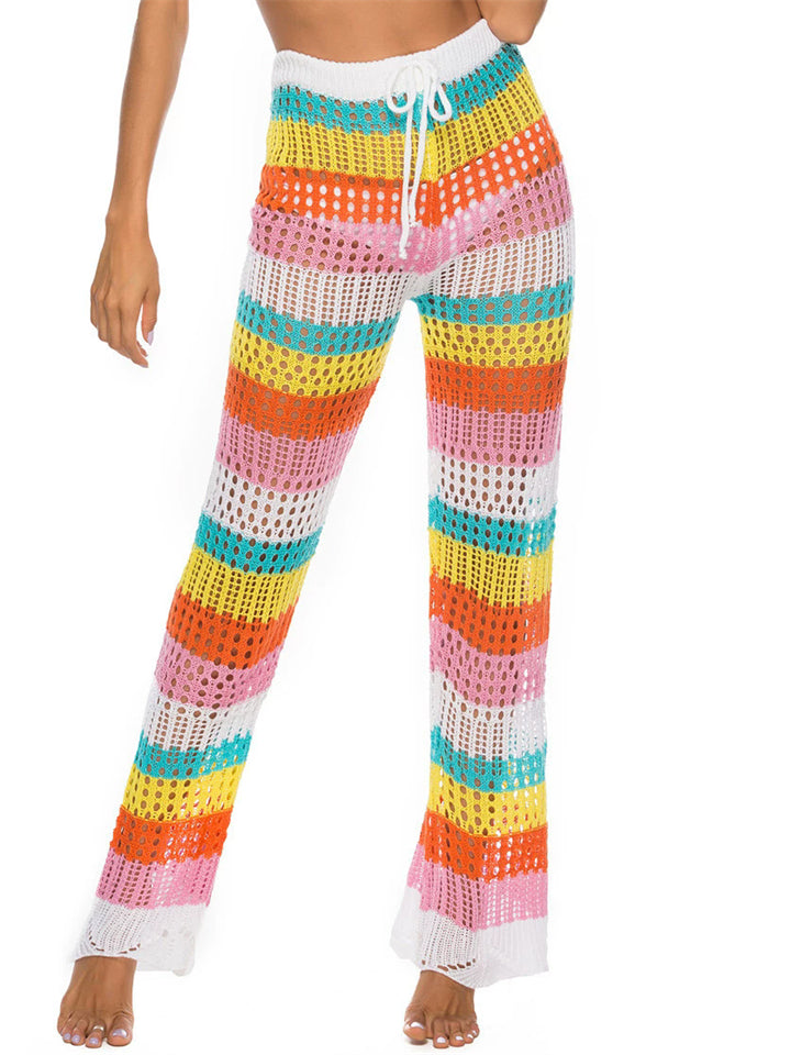 Women's Summer Rainbow Contrast Color Hollow Knitted Beach Pants