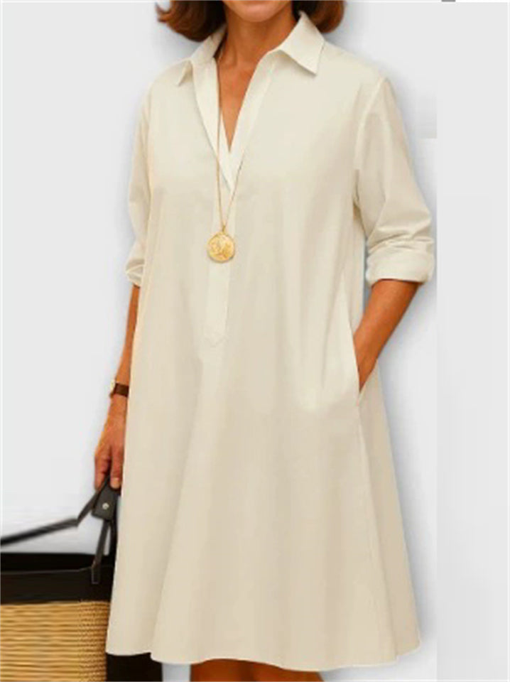 Women's Solid Color Pullover Lapel Knee Length Shirt Dress