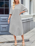 Women's Contrast Color Stripe Round Neck Midi Dress