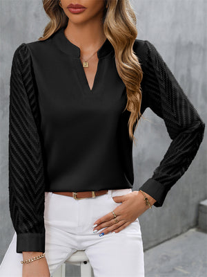 Women's Solid Color Chiffon Patchwork Long Sleeve V Neck Shirt