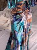 Lady Pleated Waisted Lantern Sleeve Printed Dress