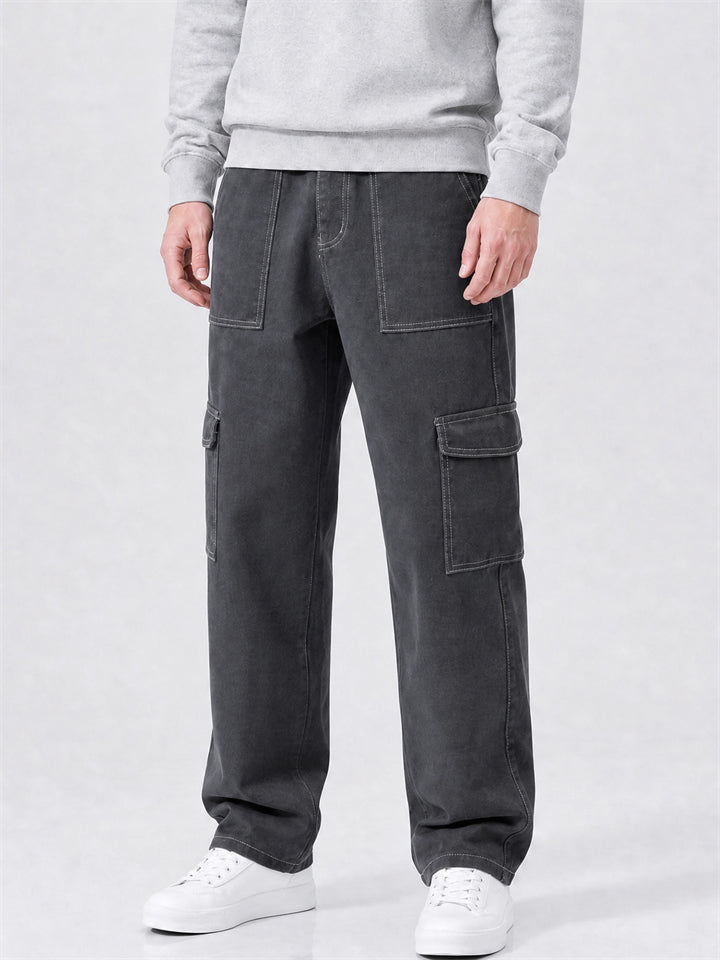 Mens Contrast Stitch Baggy Wide Leg Cargo Pants with Pockets