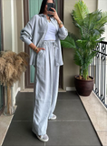 Women's 2Pcs Casual Solid Color Button Up Long Sleeve Shirt & Pants Set