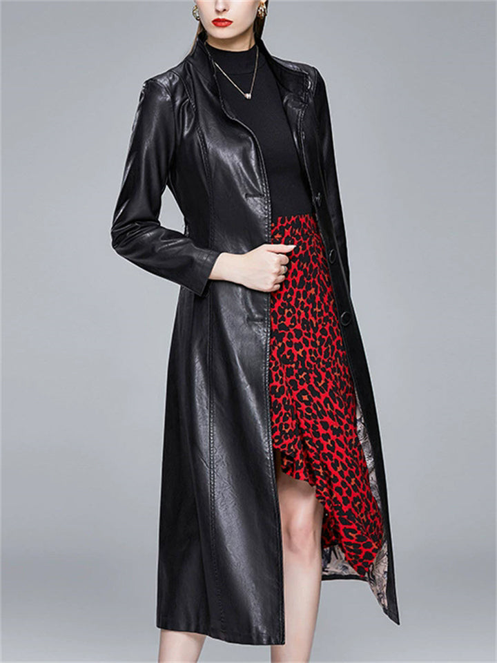 Women's Autumn Slim Fit Single Breasted Stand Collar Faux Leather Coats