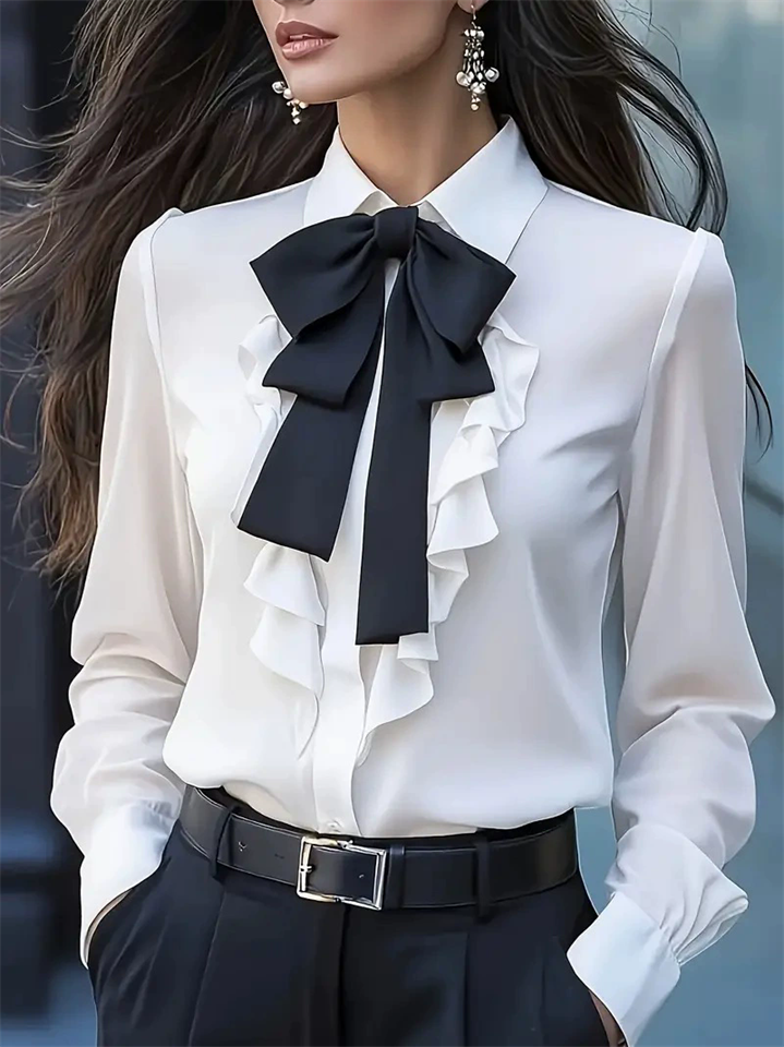 Ladies' Elegant Solid Color Lace-up Bow Ruffled Long Sleeve Blouses