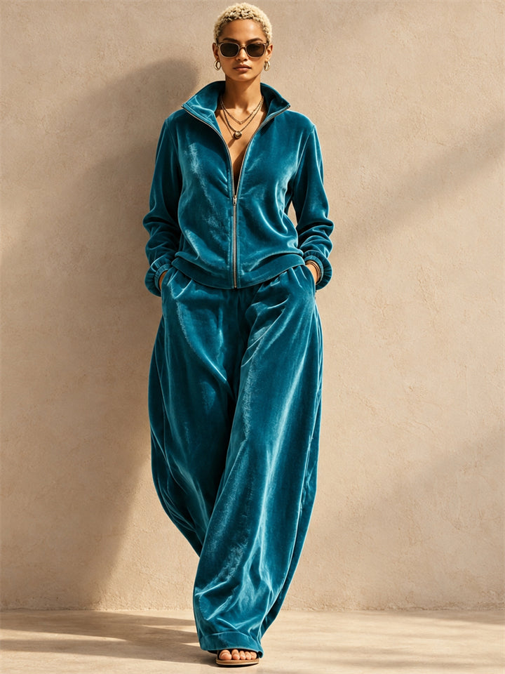Women Velvet Two Piece Zip Up Top Wide Leg Pants Tracksuit