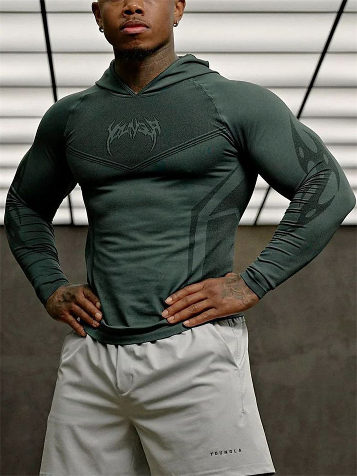 Men's Compression Long Sleeve Hoodie with Letter Graphic Print & Arm Design