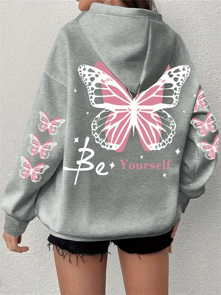 Women's Loose Be Yourself Butterflies Printed  Long Sleeve Hoodie