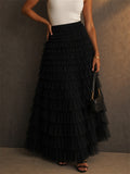 Womens High Waisted Tiered Tulle Layered Mesh Ruffle Maxi Skirts