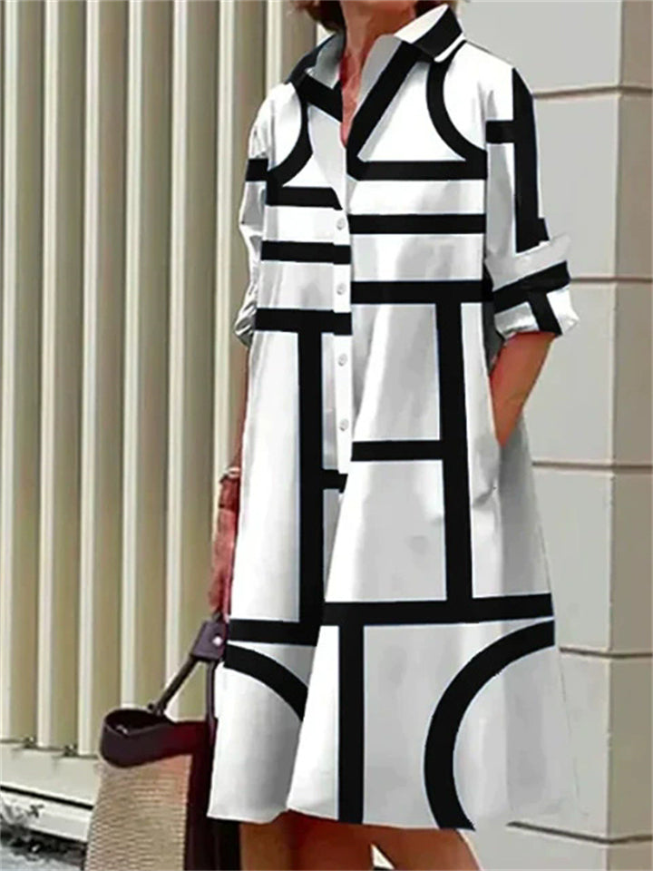 Women's Geometric Strip Printed Button Up Long Sleeve Knee Length Shirt Dress