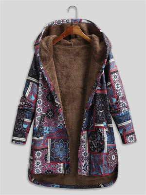 Women's Geometric Print Plush Ethnic Hooded Coats