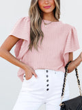 Women's Round Neck Solid Color Striped Lotus Sleeve Shirts