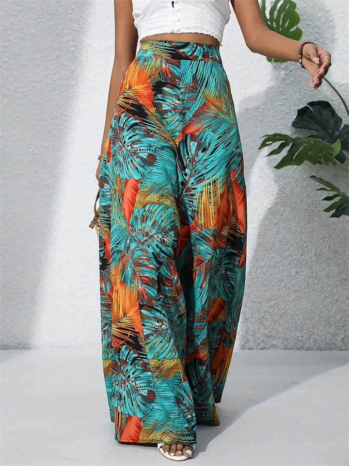 Women's Holiday Style Leaves Printed Chiffon High Waist Wide Leg Pants