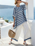 Women's 2pcs Summer Contrast Color Stripe Short Sleeve Top & Pants Set